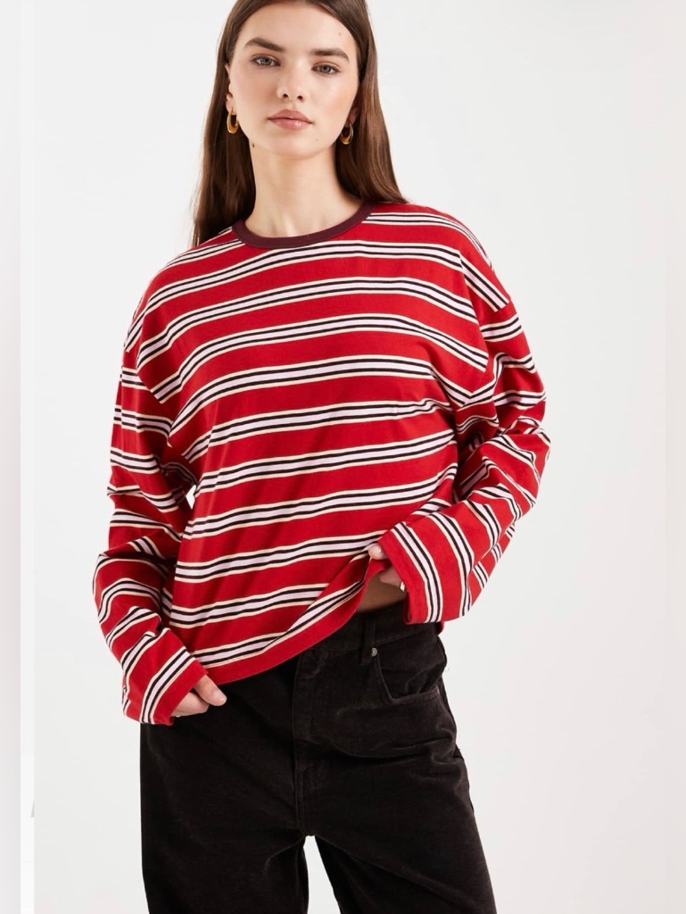 Miss Selfridge boxy long sleeve top in red stripe